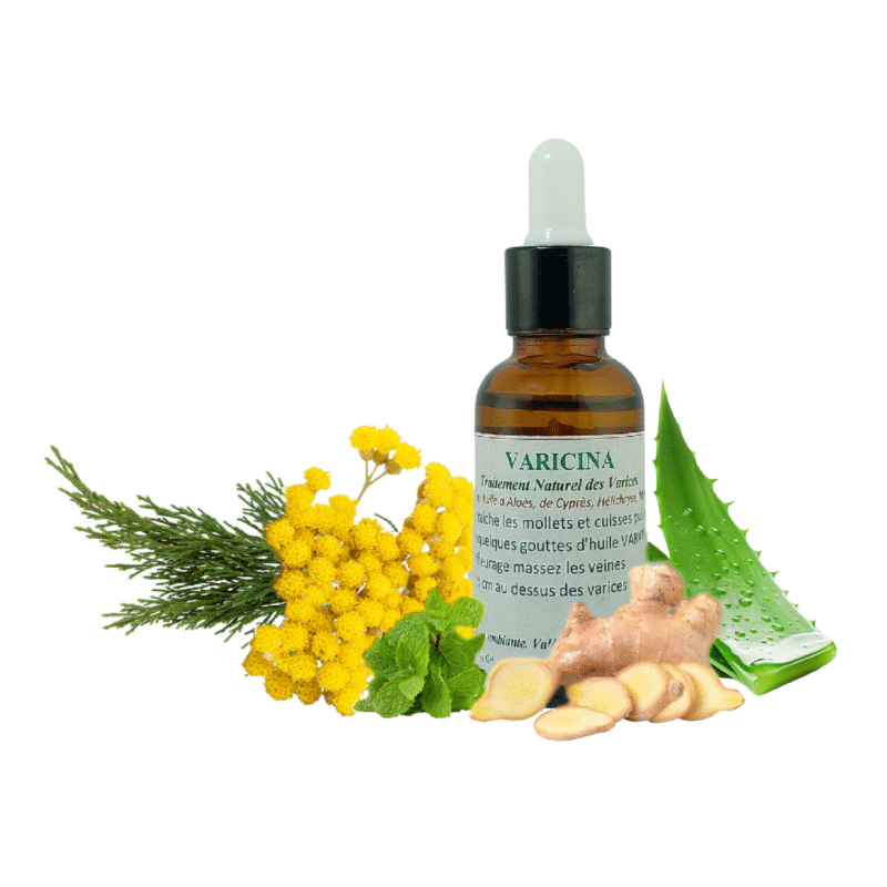Préparation VARICINA  naturelle pour le traitement des varices : Huile d'Aloès, Cyprès, Hélichryse et Menthe Vraie